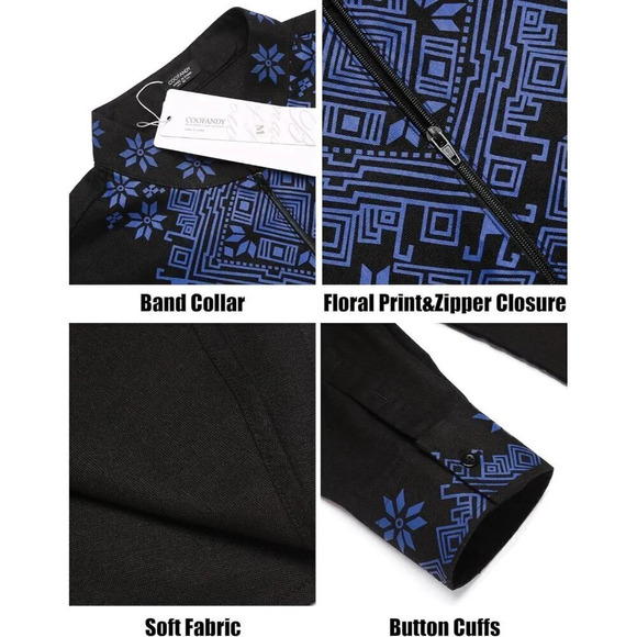 ❤️Men's Black Shirt Long Sleeve Floral Print Casual Cotton Beach Hippie T Shirt - Picture 5 of 9